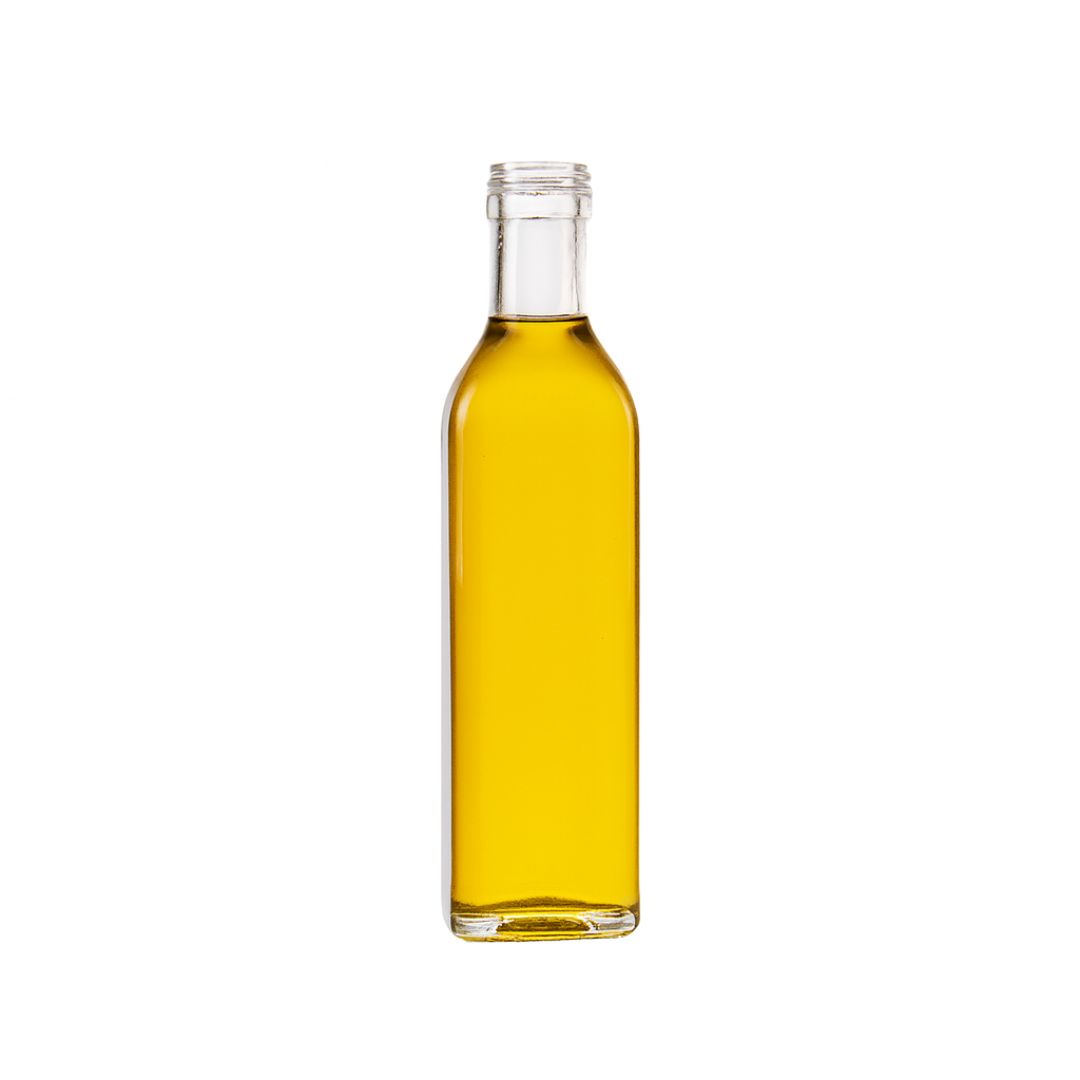 BOTELLA VIDRIO CRISTAL ACEITE 250CC CUADRADA ALTA (SIN TAPA) PACK *20UNID