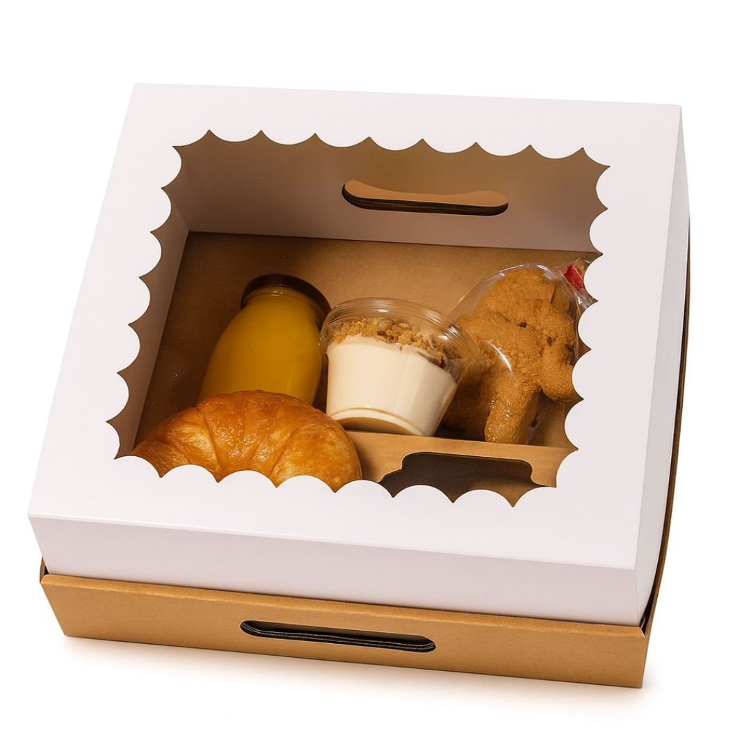 CAJA DESAYUNO MEDORO BLANCA/MARRON CON VISOR.(25*25*12CM) (CMC25010) *10UNID