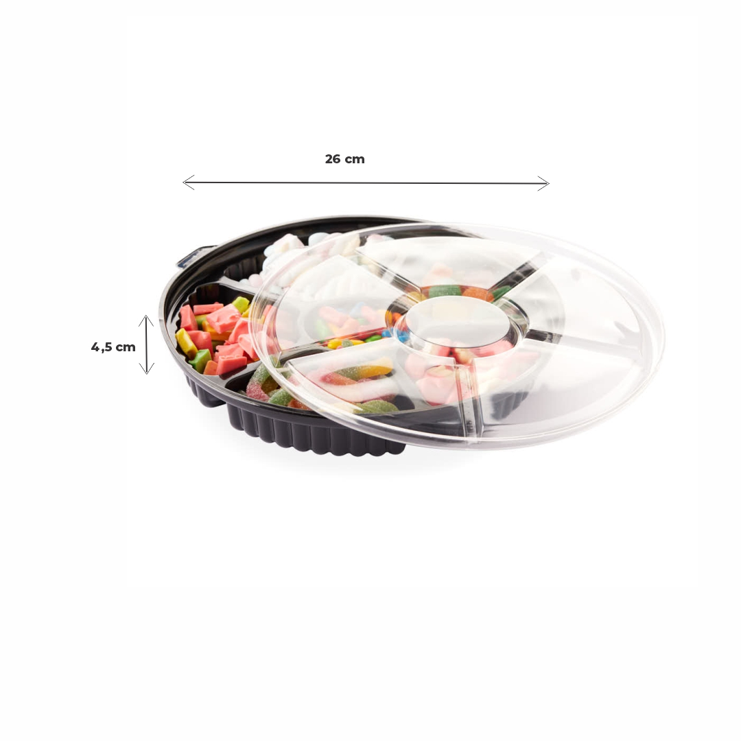 BANDEJA CON 5 DIVISIONES BASE NEGRA TAPA CRISTAL (26CM DIAM.*4.5CM ALTO) *10UNID.