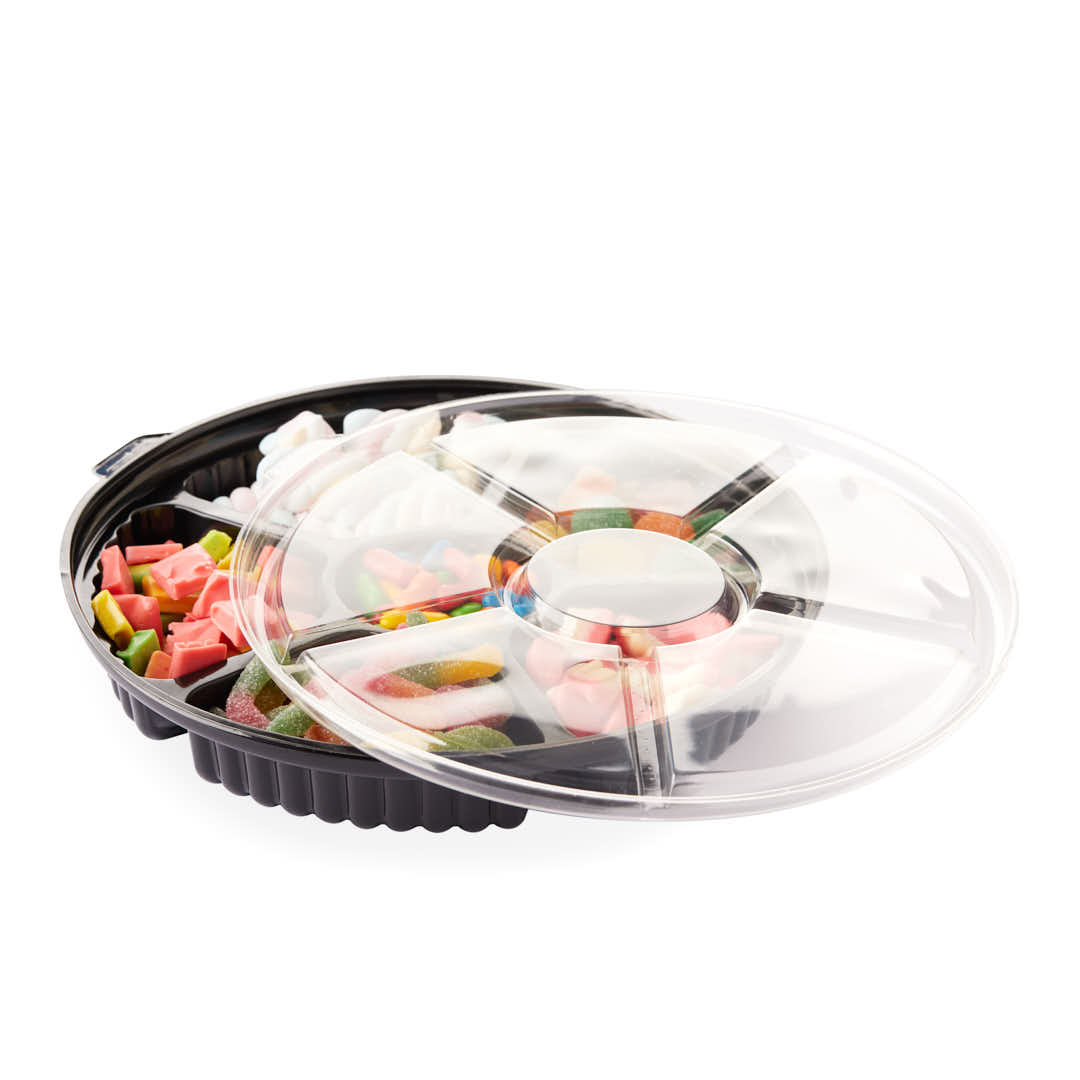 BANDEJA CON 5 DIVISIONES BASE NEGRA TAPA CRISTAL (26CM DIAM.*4.5CM ALTO) *10UNID.